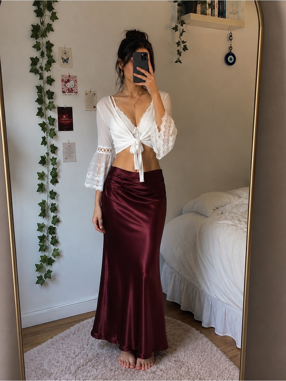 White Lace Bralette & Burgundy Satin Skirt and other sets